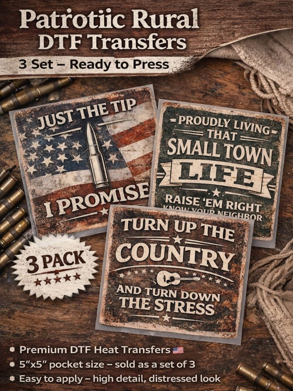 DTF Transfer Bundle (3 Pack) – Country & Patriotic Heat Transfers Ready to Press